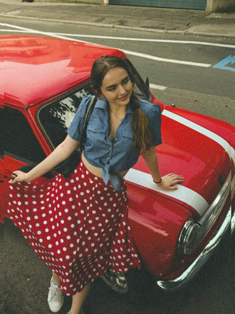 2PCS chemisier uni et jupe à pois bleu et rouge des années 1950