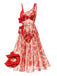 Ensemble bikini rouge et cache-maillot longue roses années 60