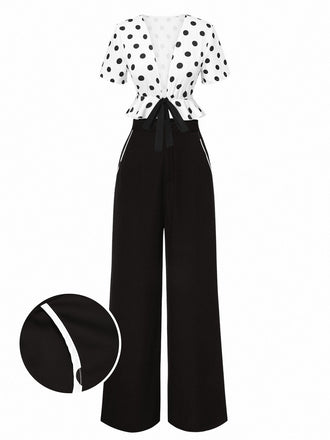 2PCS haut à pois et pantalon droit blanc et noir années 50
