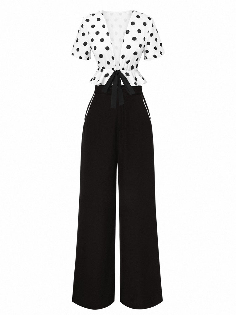2PCS haut à pois et pantalon droit blanc et noir années 50