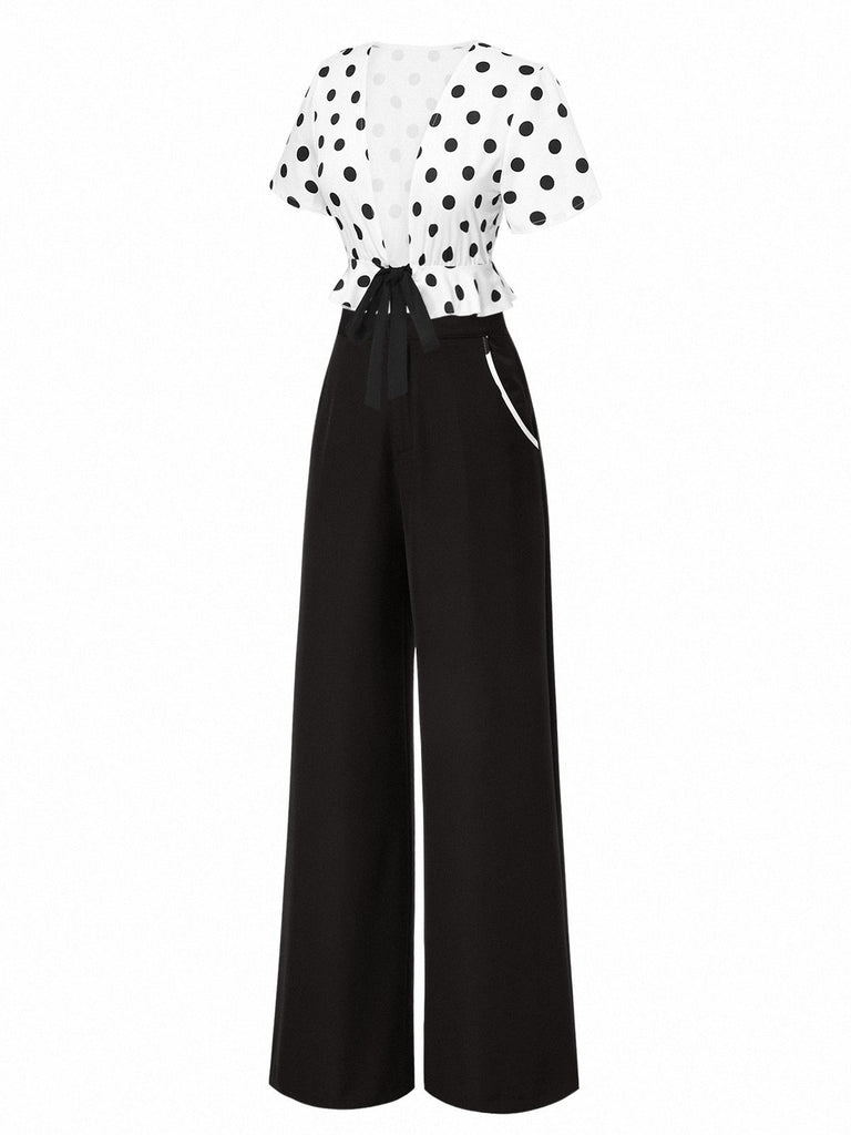 2PCS haut à pois et pantalon droit blanc et noir années 50