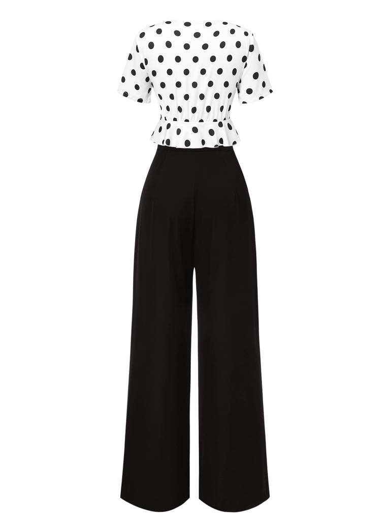 2PCS haut à pois et pantalon droit blanc et noir années 50