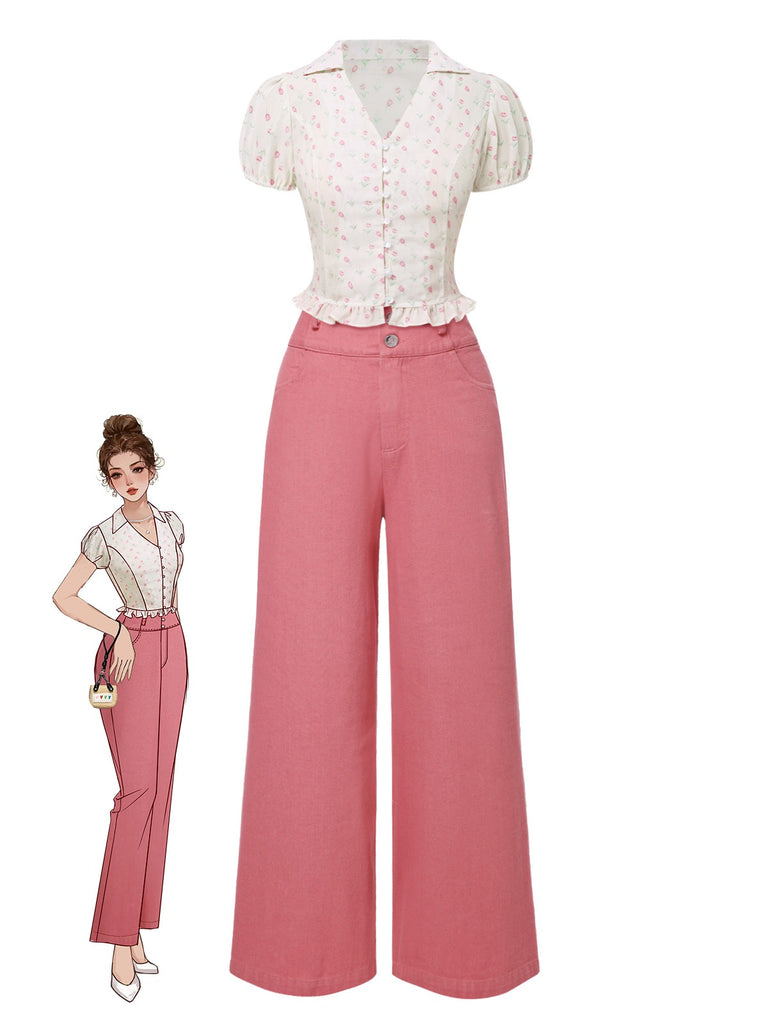 [Prévente] 2PCS chemisie tulipe rose et pantalon à boutons années 50