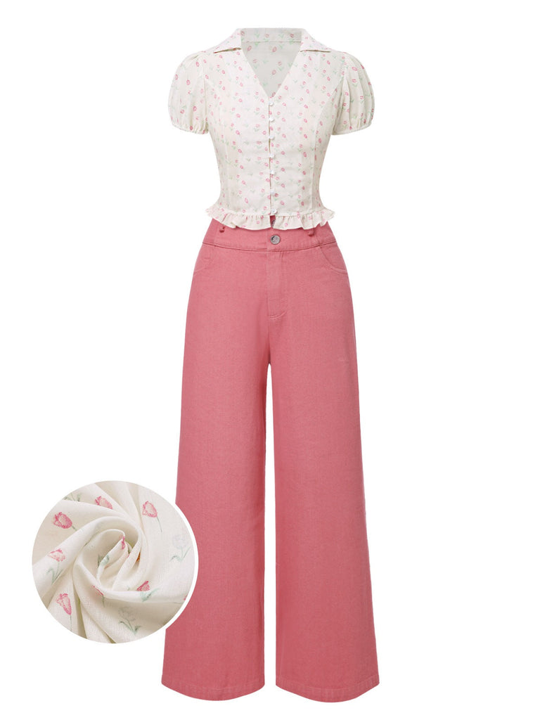 [Prévente] 2PCS chemisie tulipe rose et pantalon à boutons années 50