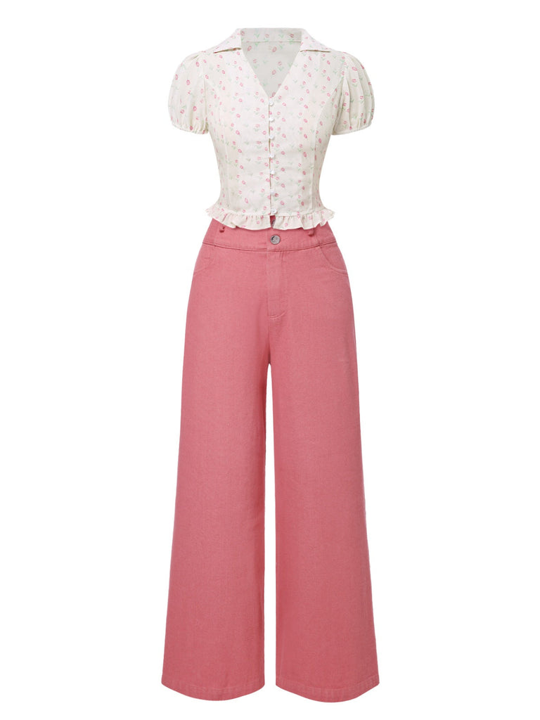 [Prévente] 2PCS chemisie tulipe rose et pantalon à boutons années 50