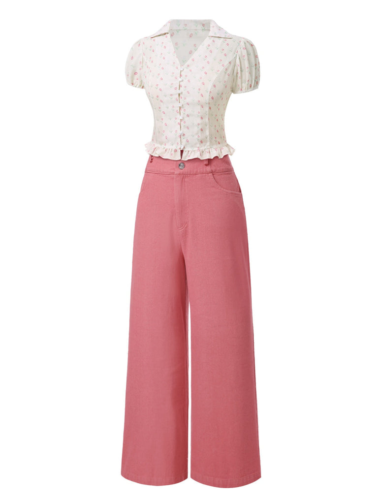 [Prévente] 2PCS chemisie tulipe rose et pantalon à boutons années 50