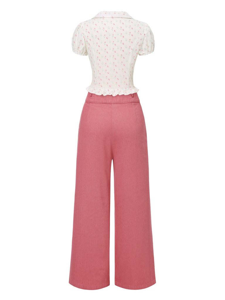 [Prévente] 2PCS chemisie tulipe rose et pantalon à boutons années 50