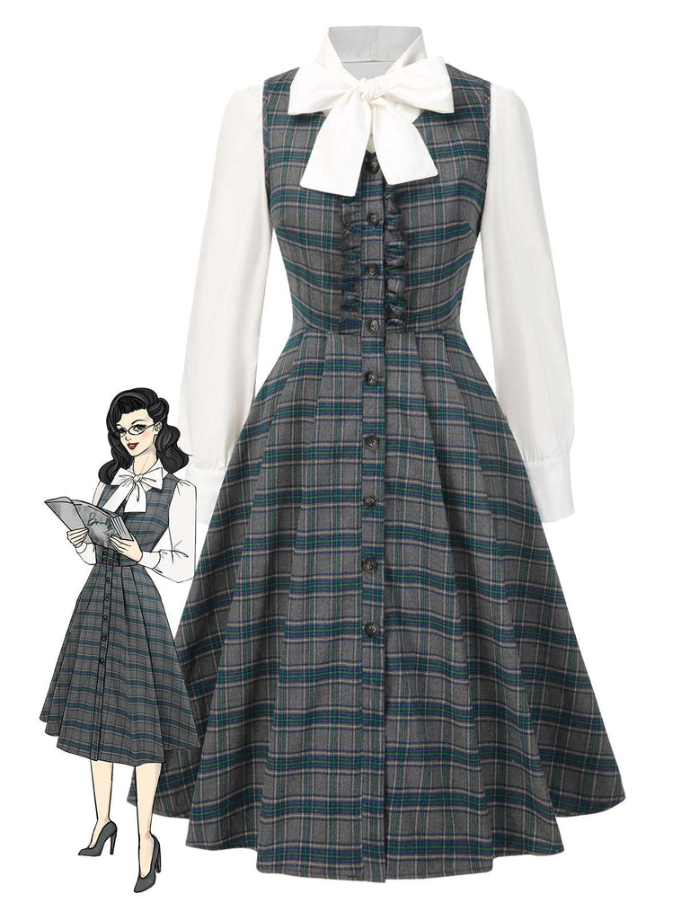 [Prévente] 2PCS Robe gris à volants et chemisier en coton années 1950