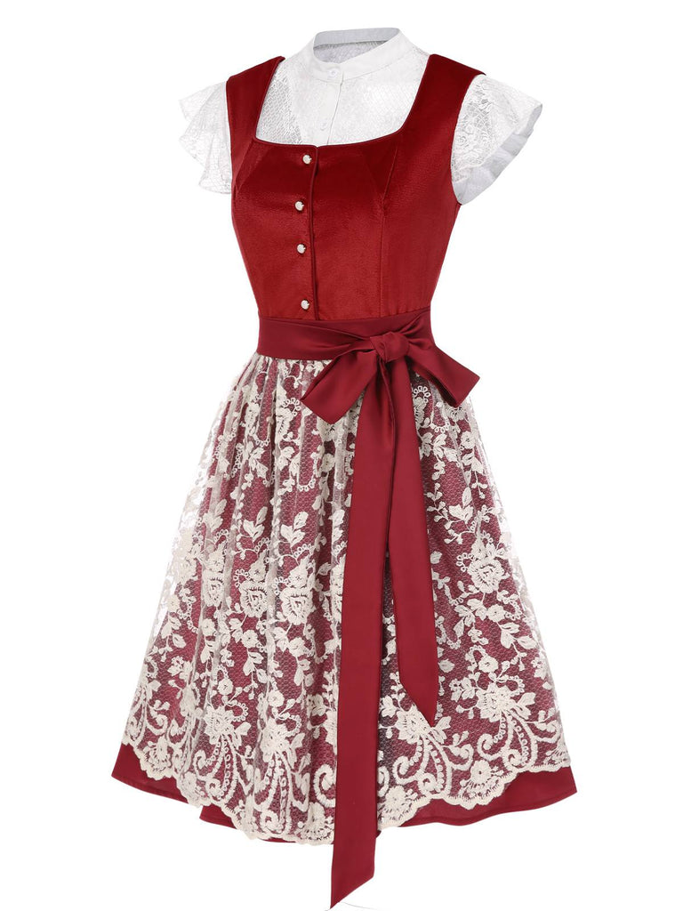 [Prévente] 3PCS robe en velours rouge à fleurs et haut blanc des années 1950