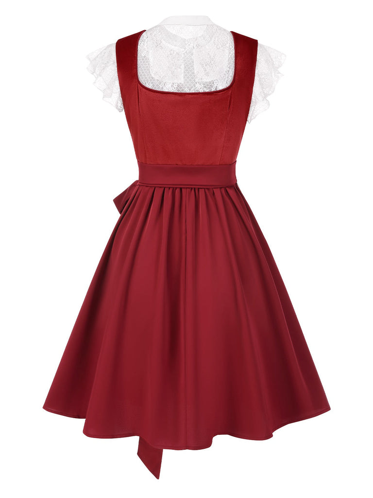 [Prévente] 3PCS robe en velours rouge à fleurs et haut blanc des années 1950