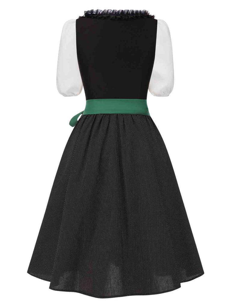 [Prévente] 3PCS Robe noire carreaux à pois en coton et haut années 1950
