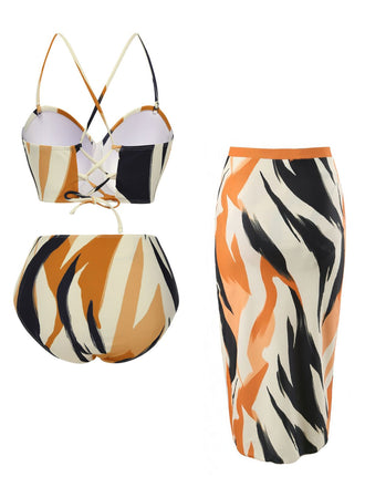 2PCS Maillot de bain à lacets et cache-maillot motif artistique multicolores années 1960