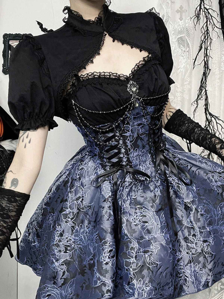 2PCS Châle et robe à lacets brodée de fleurs gothique noire et bleue des années 1980