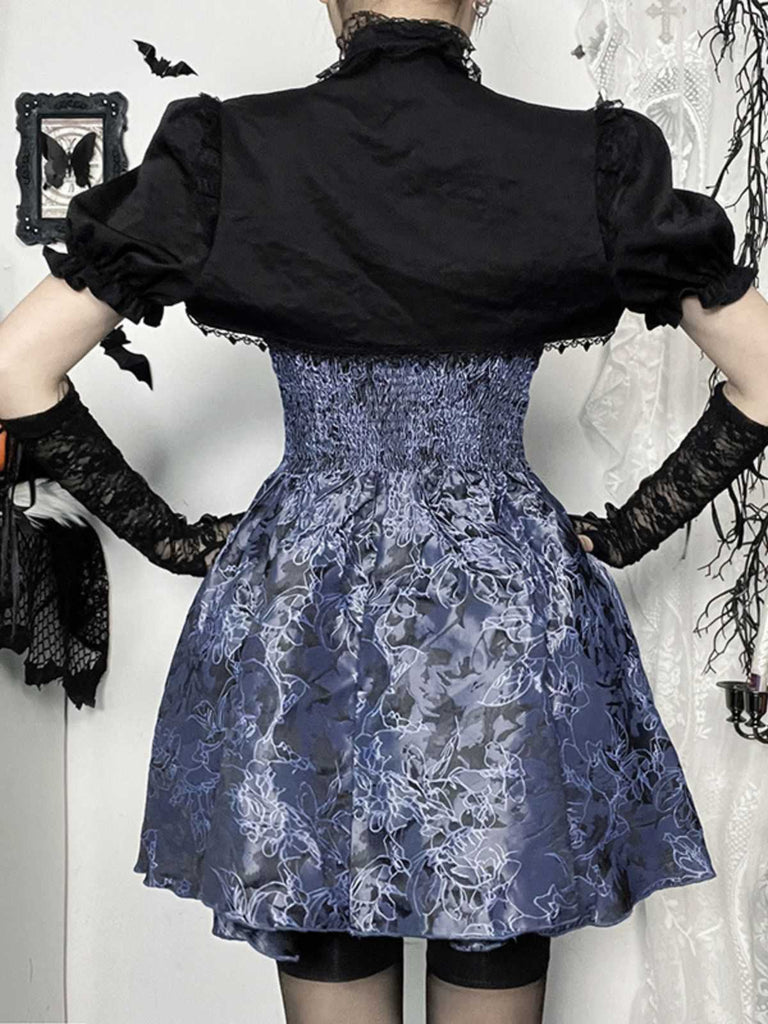 2PCS Châle et robe à lacets brodée de fleurs gothique noire et bleue des années 1980