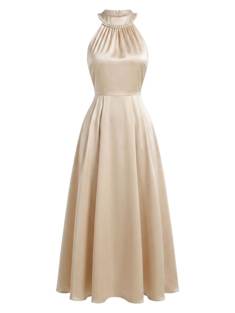 Robe Satin Perle Halter Sans Manches Champagne Années 1930 2
