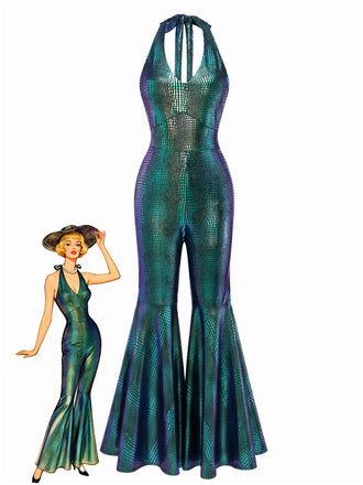 Combinaison métallisée verte et bleue avec illustration de mannequin sur fond blanc