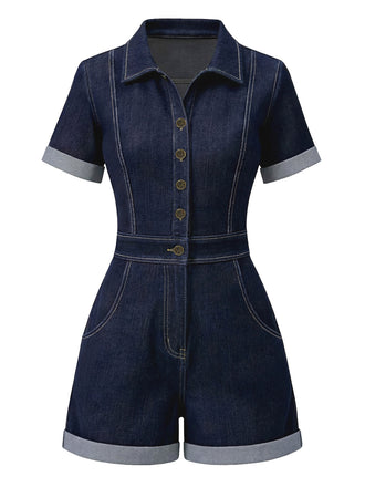 Combishort jean bleu col chemise 1960s
