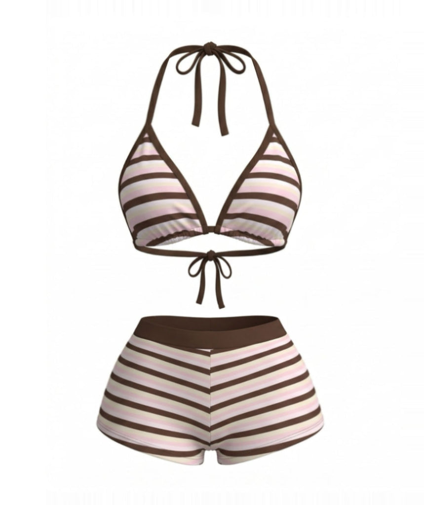 Ensemble Bikini à Lacets Rayé Rose Foncé Années 1980