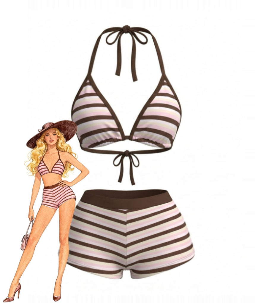 Ensemble Bikini à Lacets Rayé Rose Foncé Années 1980