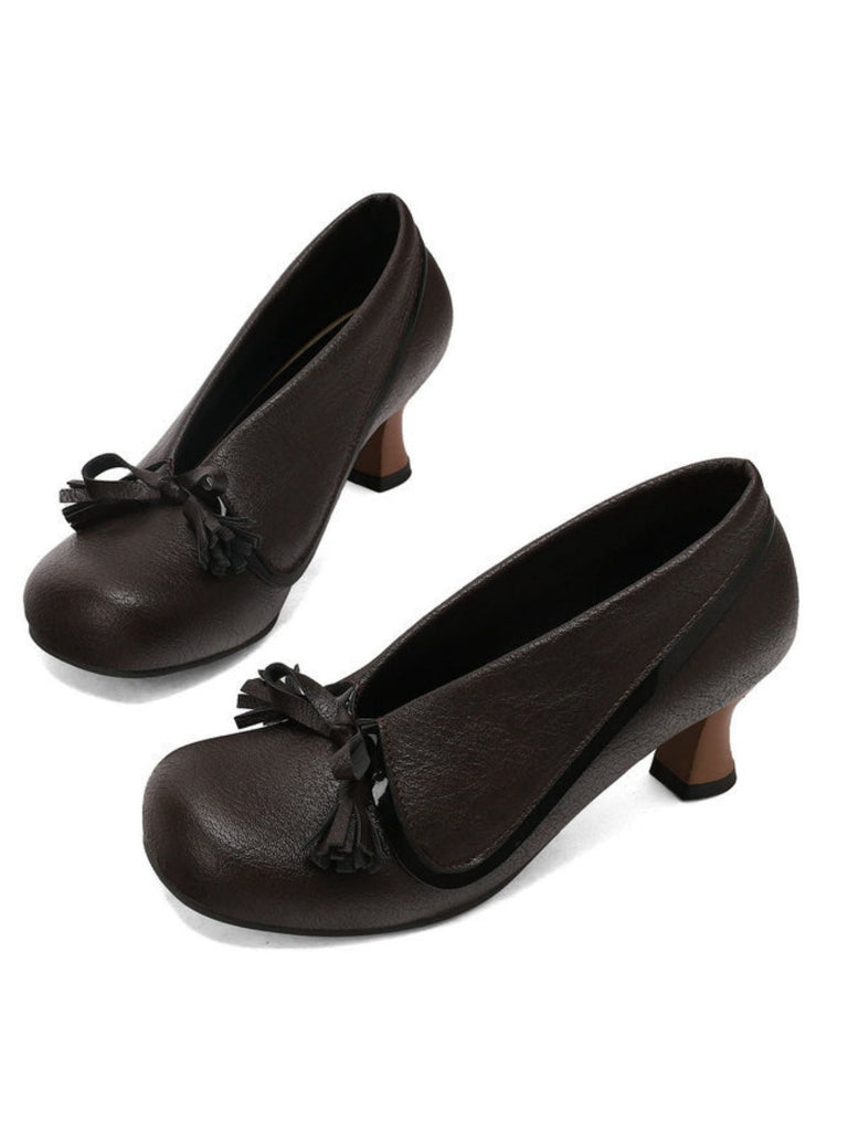 Chaussures rétro à nœud en PU, bout rond et talon compensé