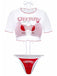 Ensemble bikini blanc avec des touches de rouge et le logo « Cherry » sur fond blanc