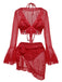 Ensemble de maillot de bain 3 pièces en dentelle d'un rouge éclatant, comprenant un cardigan à manches évasées.