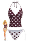 Ensemble tankini dos nu V profond à pois marron années 1940