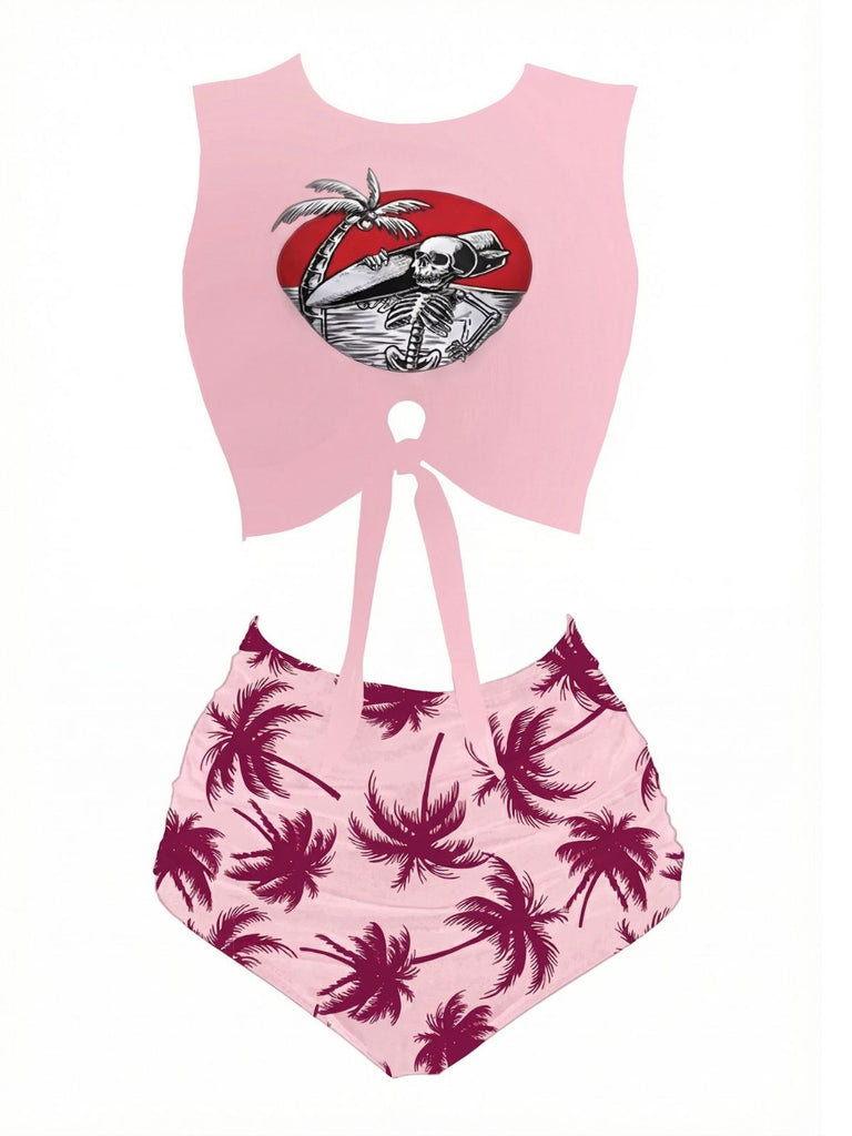 Ensemble tankini squelette de plage avec nœud sur le devant années 1980