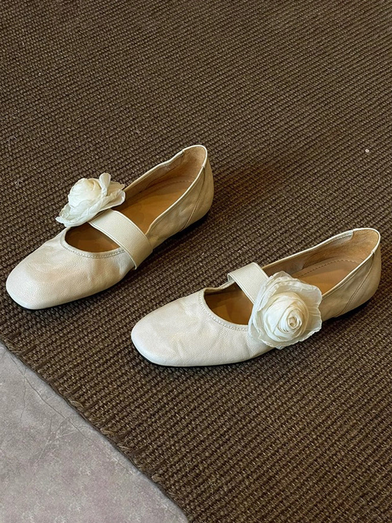 Chaussures Mary Jane Plates en Fausse Peau d'Agneau avec Fleurs 3D Amovibles