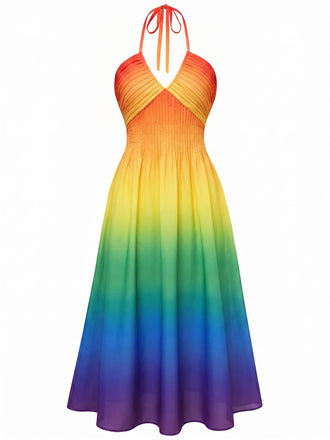 [Prévente] Robe dos nu décolleté plongeant V et dégradé de couleurs arc-en-ciel années 40