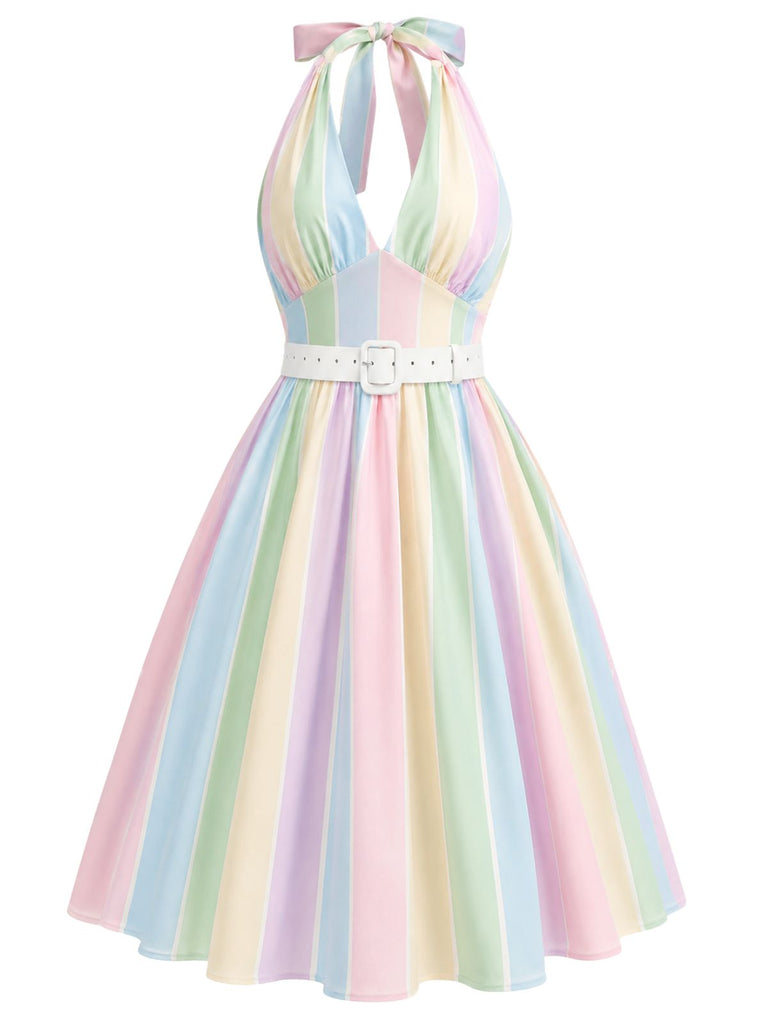[Prévente] Robe dos nu rayée arc-en-ciel avec ceinture années 1950