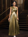 Robe de soirée plissée asymétrique dorée années 1980