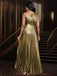 Robe de soirée plissée asymétrique dorée années 1980
