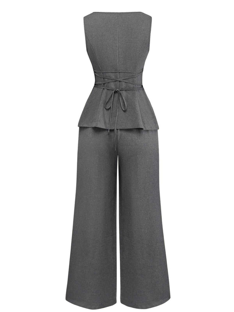 2PCS Gilet et pantalon large style bureau uni des années 1940