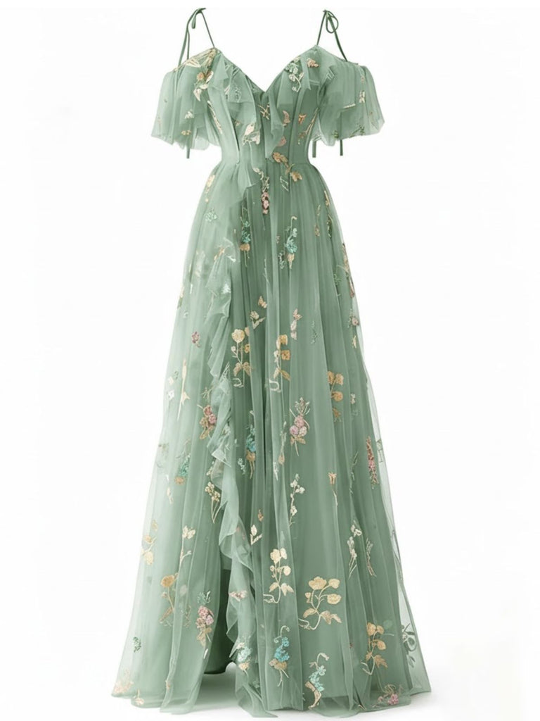 Robe Bleue fendue en tulle fleurs années 1970