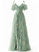 Robe Bleue fendue en tulle fleurs années 1970