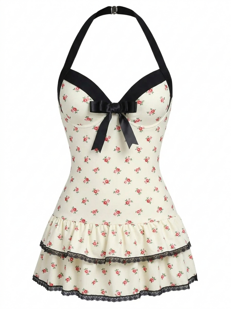 Maillot de bain une pièce bleu à pois et nœud années 1940
