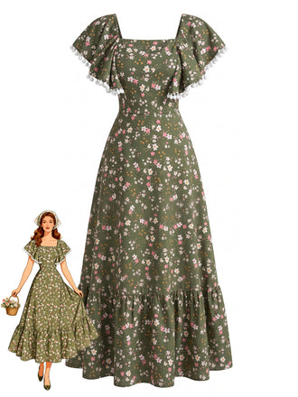Robe Florale Col Carré Manches à Volants Verte Années 1940
