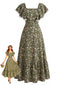 Robe Petit Fleurs Manches à Volants Verte Années 1940