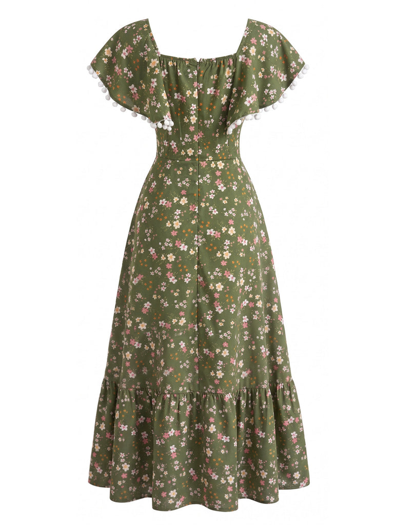 Robe Florale Col Carré Manches à Volants Verte Années 1940 3