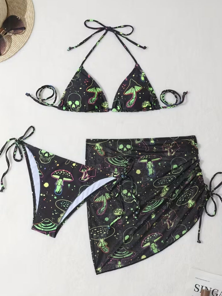 Gothique Champignon Crâne Dos-Nu Résille Ensemble Bikini Verte Années 1960 4