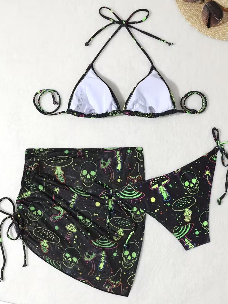 Gothique Champignon Crâne Dos-Nu Résille Ensemble Bikini Verte Années 1960 5