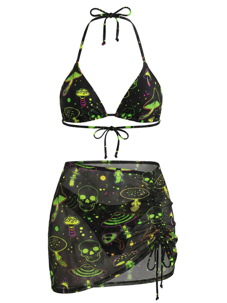Gothique Champignon Crâne Dos-Nu Résille Ensemble Bikini Verte Années 1960 2