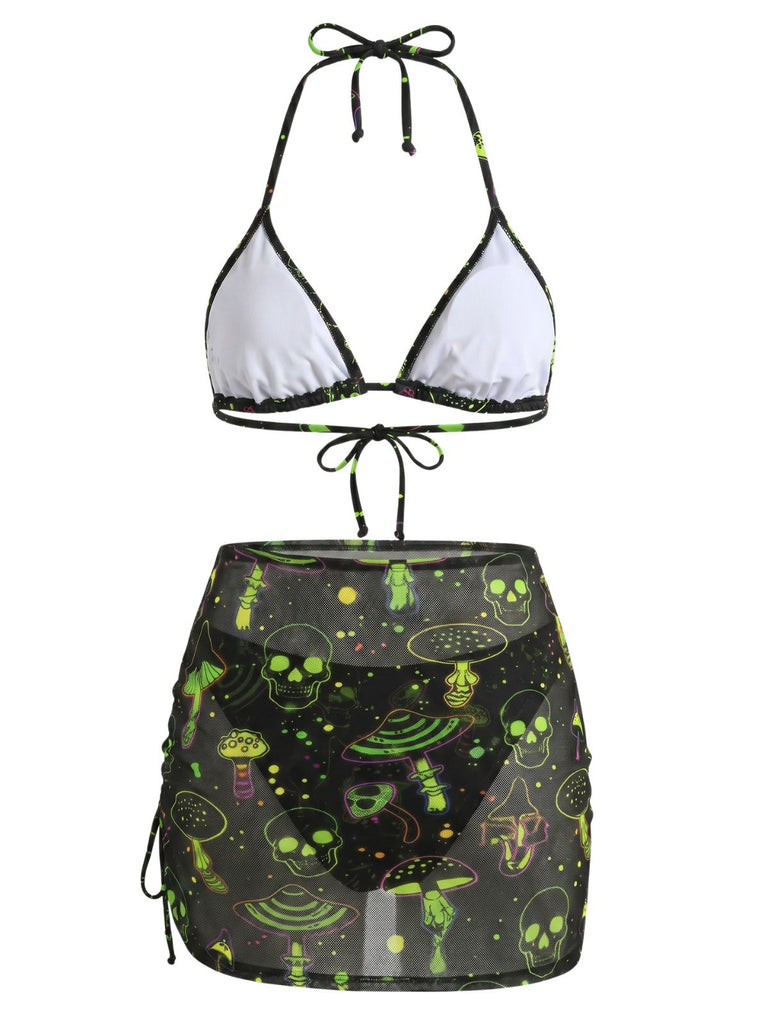 Gothique Champignon Crâne Dos-Nu Résille Ensemble Bikini Verte Années 1960 3