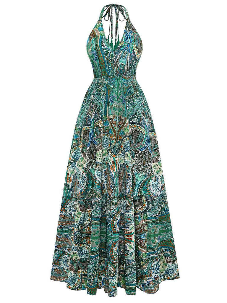 Robe Longue Paisley Halter Col V Profond Dos Nu Verte Années 1970 2