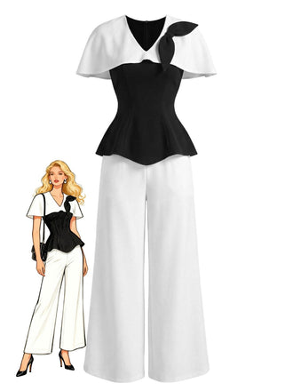 Ensemble 2 pièces noir et blanc style années 1950 : haut et pantalon à col cape et blocs de couleur.