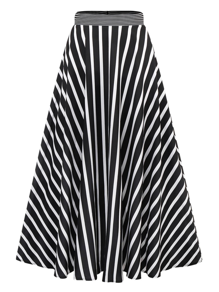 Jupe longue à rayures taille haute noire et blanche années 1930