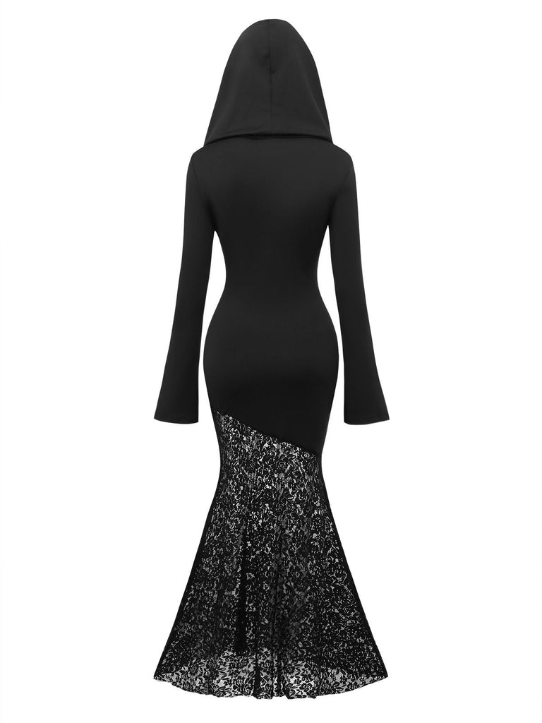 Robe sirène noire à capuche croisée en dentelle style gothique des années 1970