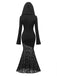 Robe sirène noire à capuche croisée en dentelle style gothique des années 1970