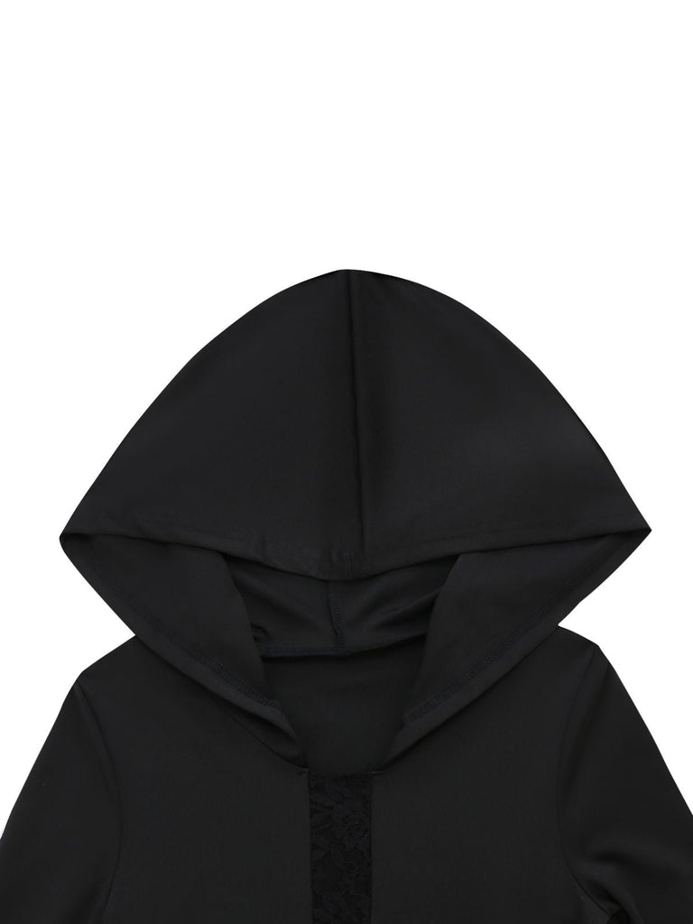 Robe sirène noire à capuche croisée en dentelle style gothique des années 1970